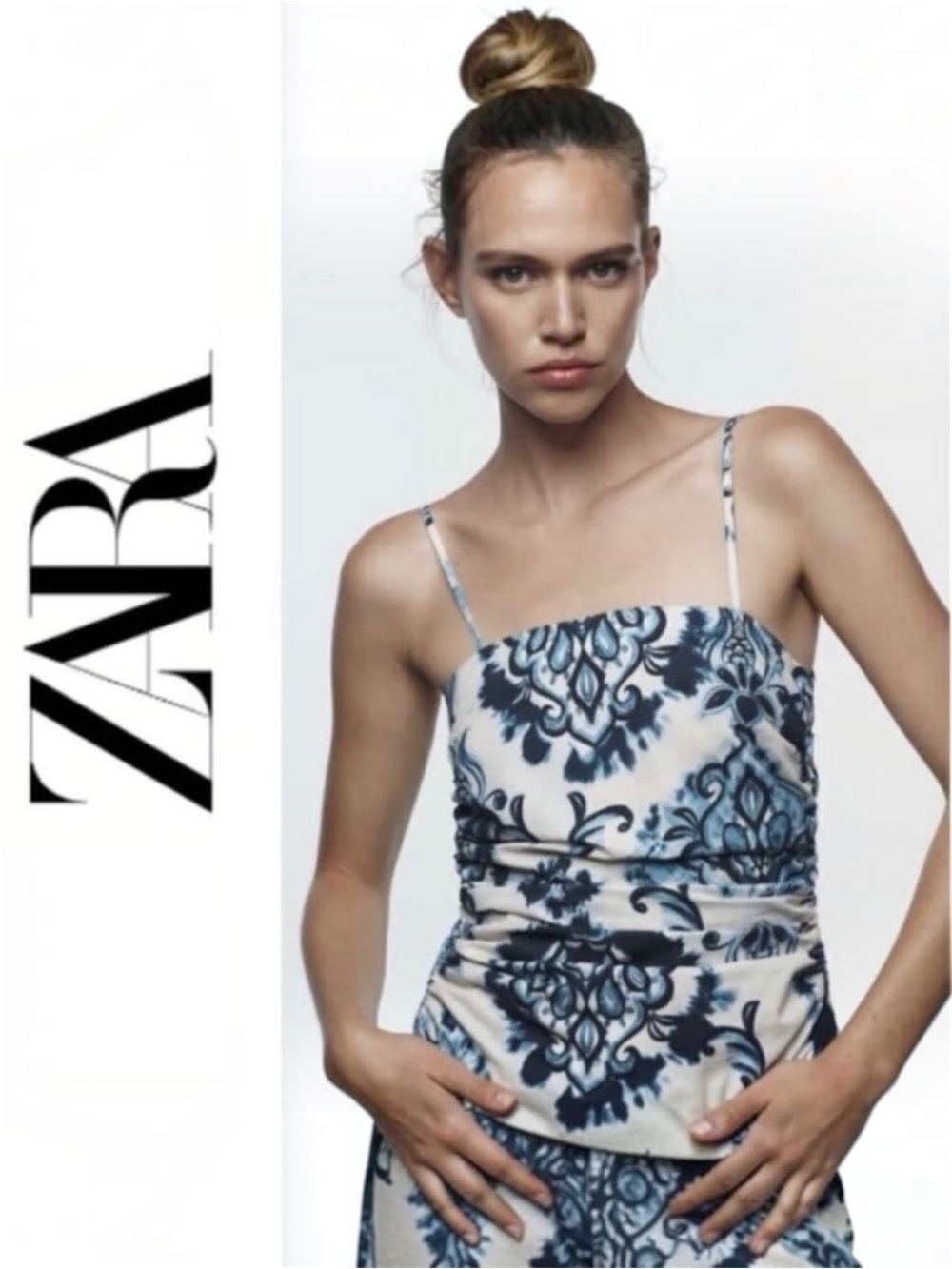 Zara Ruched/Gathered Damask Print Cami in Blue/White Paisley/Floral XS NWT